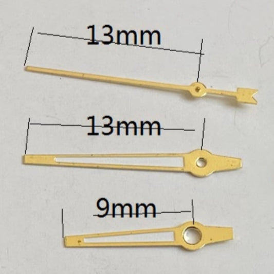 Golden Arrow Shape 13x13x9mm green lume watch hands for Miyota 2035 quartz movement, glow-in-the-dark accuracy.
