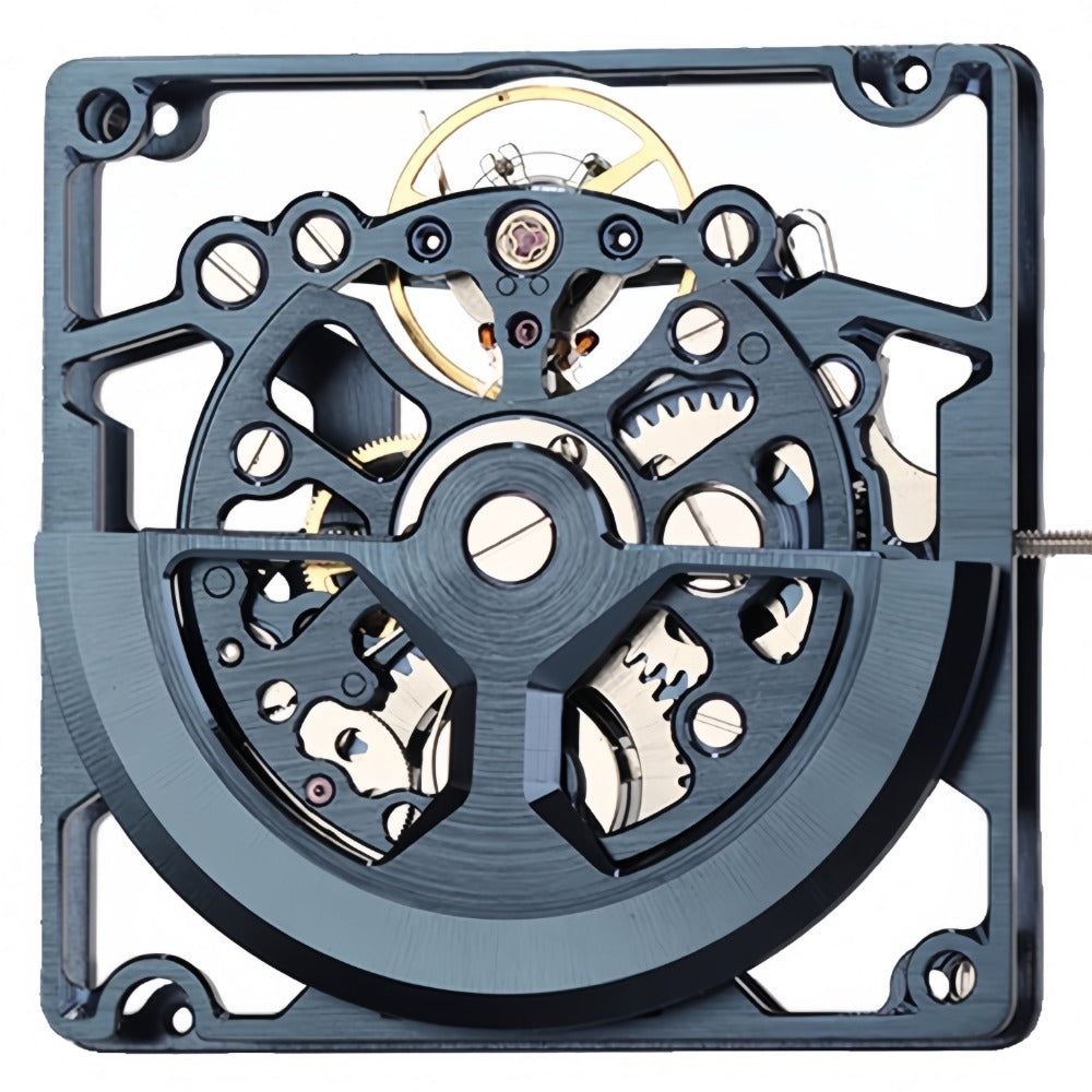 Chinese Hangzhou Black 1B10R watch with carved hollow dial and automatic mechanical movement, 3 hands design.
