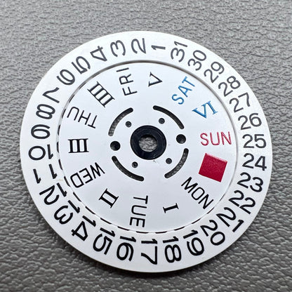 White date display with Roman and English weekday wheel for NH36 movement, crown at 3 o'clock.