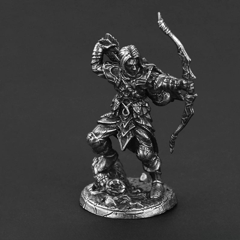White Brass Figurine Elf Archer Miniature - Armored Ranger Drawing Bow RPG Wargame Figure