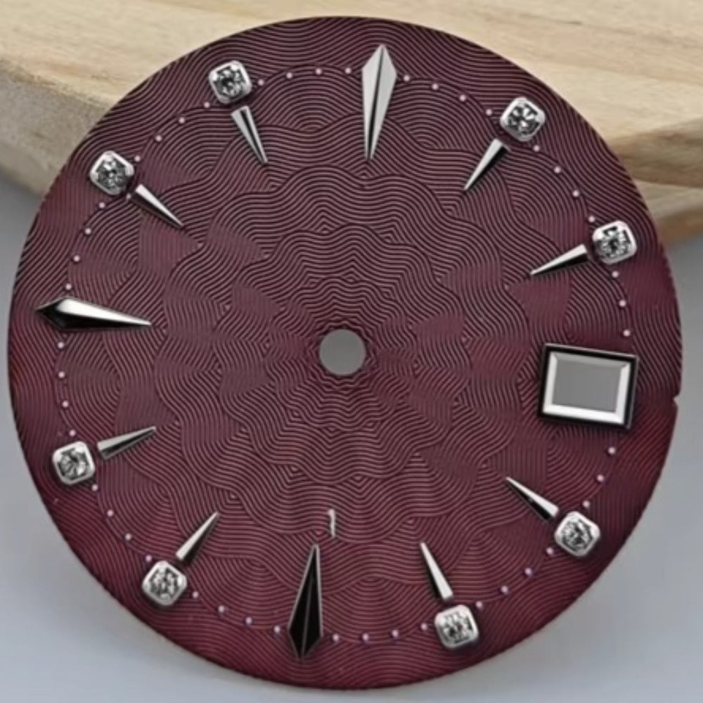 29mm burgundy radial vein watch dial for NH35 movement, single calendar, designed for ladies' watches.