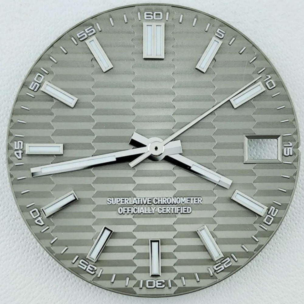 Green Lume Waved Dark Grey Watch Dial with Silver Trim Suitable for NH35