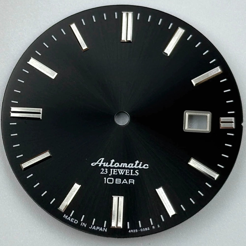 Black No Lume 34mm Datejust watch dial for NH35 movement, customized for precise timekeeping.