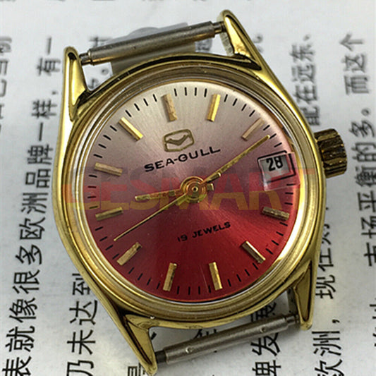 Montre mécanique manuelle Seagull pour femme, dégradé de rouge, clou doré, calendrier simple