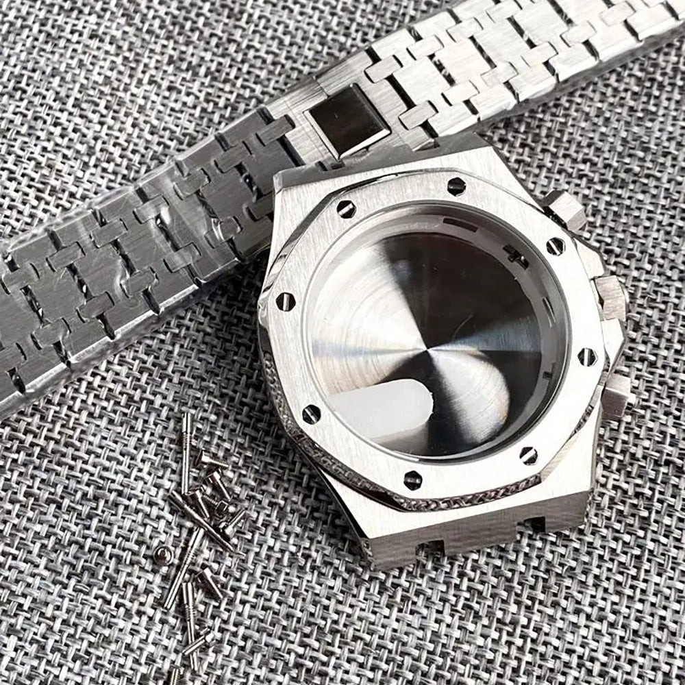 316L Steel 42mm square watch case with flat sapphire crystal, waterproof design for VK63 VK64 quartz movements.