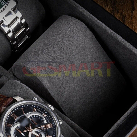 Walnut wood watch box organizer with 10 slots for storing and displaying watches and jewelry.
