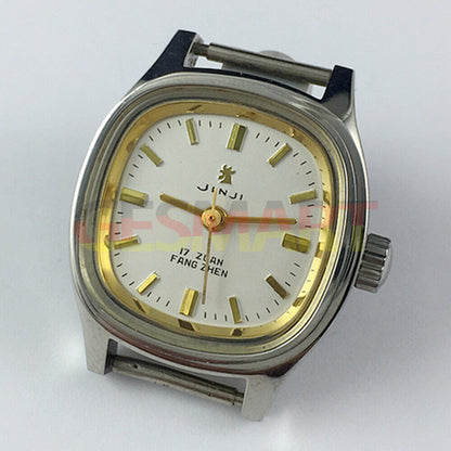 24mm SHANGHAI JINJI lady watch with 17 jewels, golden nail markers, square case, manual mechanical movement.