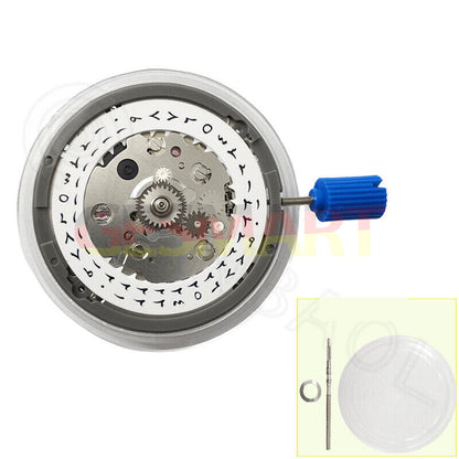 Genuine NH34 automatic GMT watch movement with hacking seconds and Arabic date at 3, ideal for precision timekeeping.