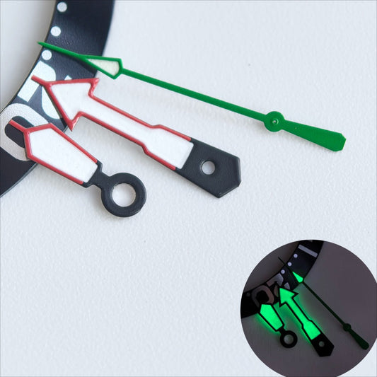Red-trimmed white and green lume watch hands for NH35/36 movement, perfect for precise timekeeping.