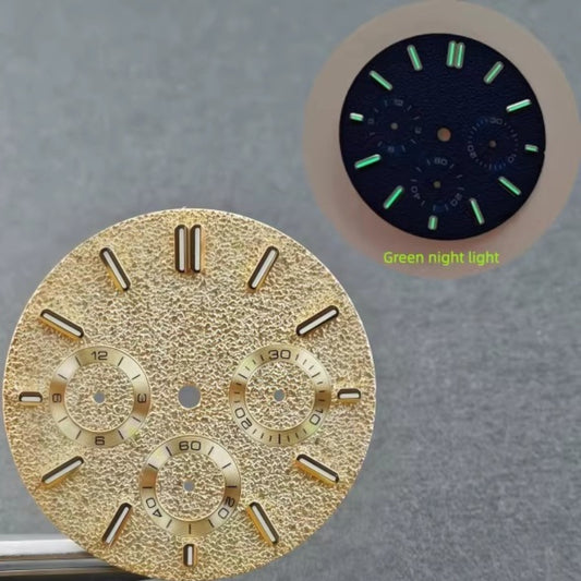 31mm Oak Tree golden matte watch dial with green lume, no logo, fits VK63 quartz movement.