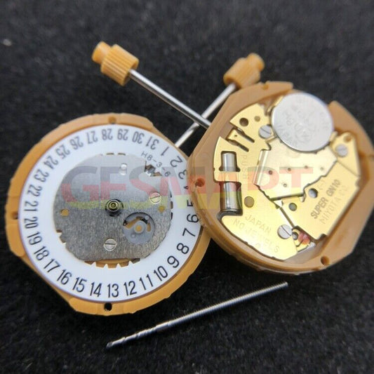 Miyota GN10 quartz watch movement with date display at 3 and 6 o'clock positions