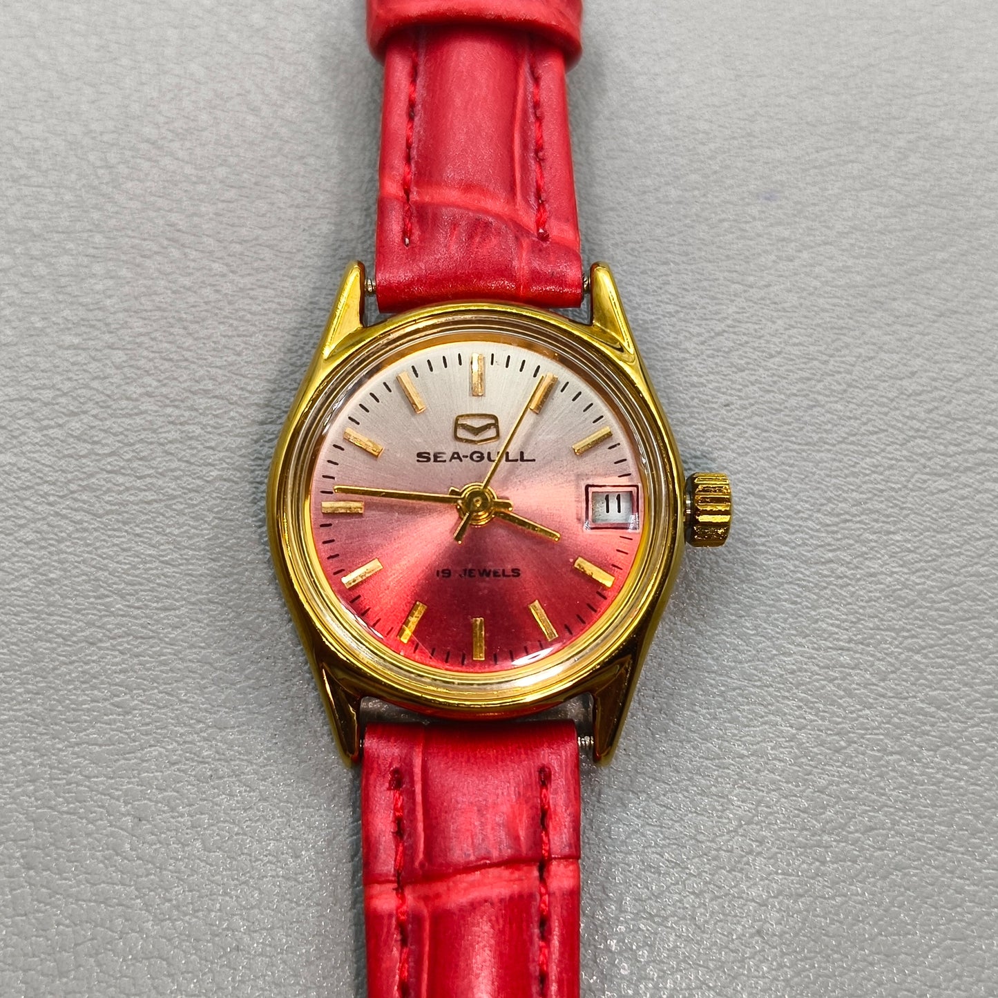 Seagull Manual Mechanical Red Srap Lady Watch Gradient Golden Nail Single Calendar