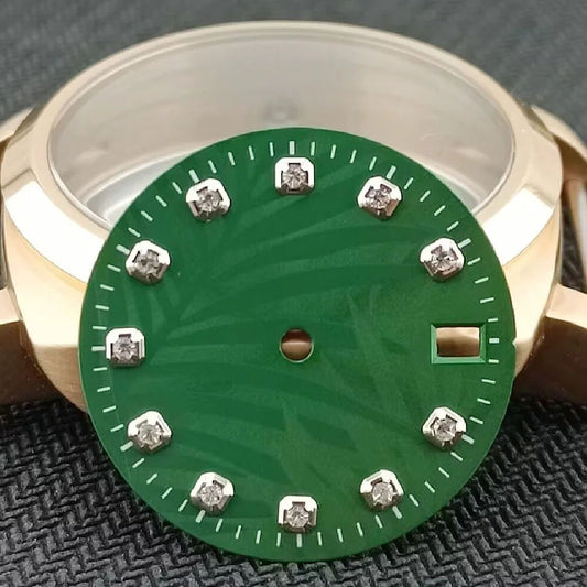 Silver square nail green Datejust watch dial by Modified Leaf, compatible with NH35 NH36 movements.