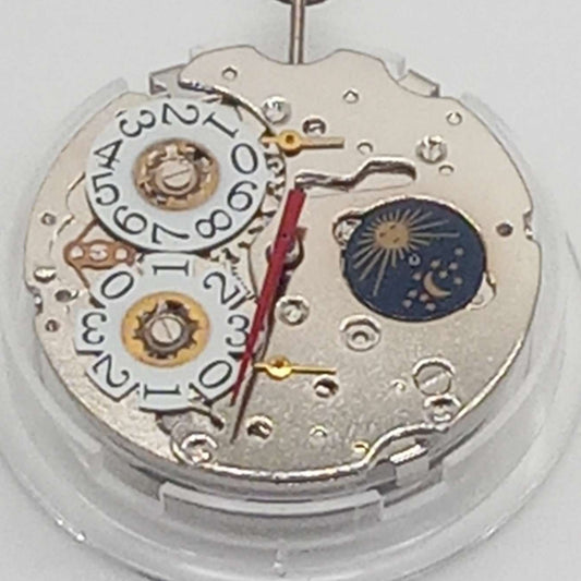 Seagull ST16 mechanical watch movement with big date at 12 and moon phase at 6, China made.