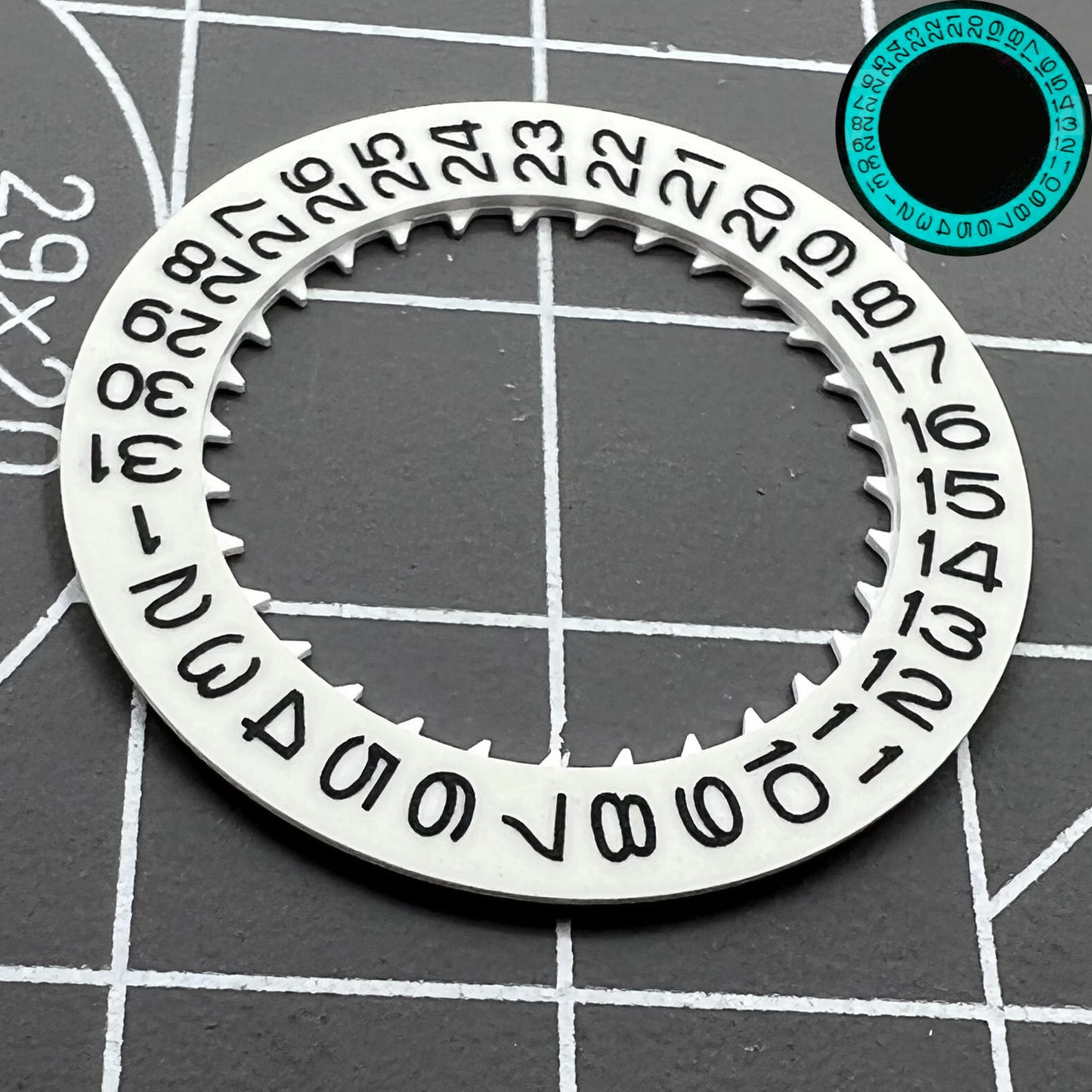 Blue lume date wheel for NH35 movement with date display at 3 o'clock, watch accessory.