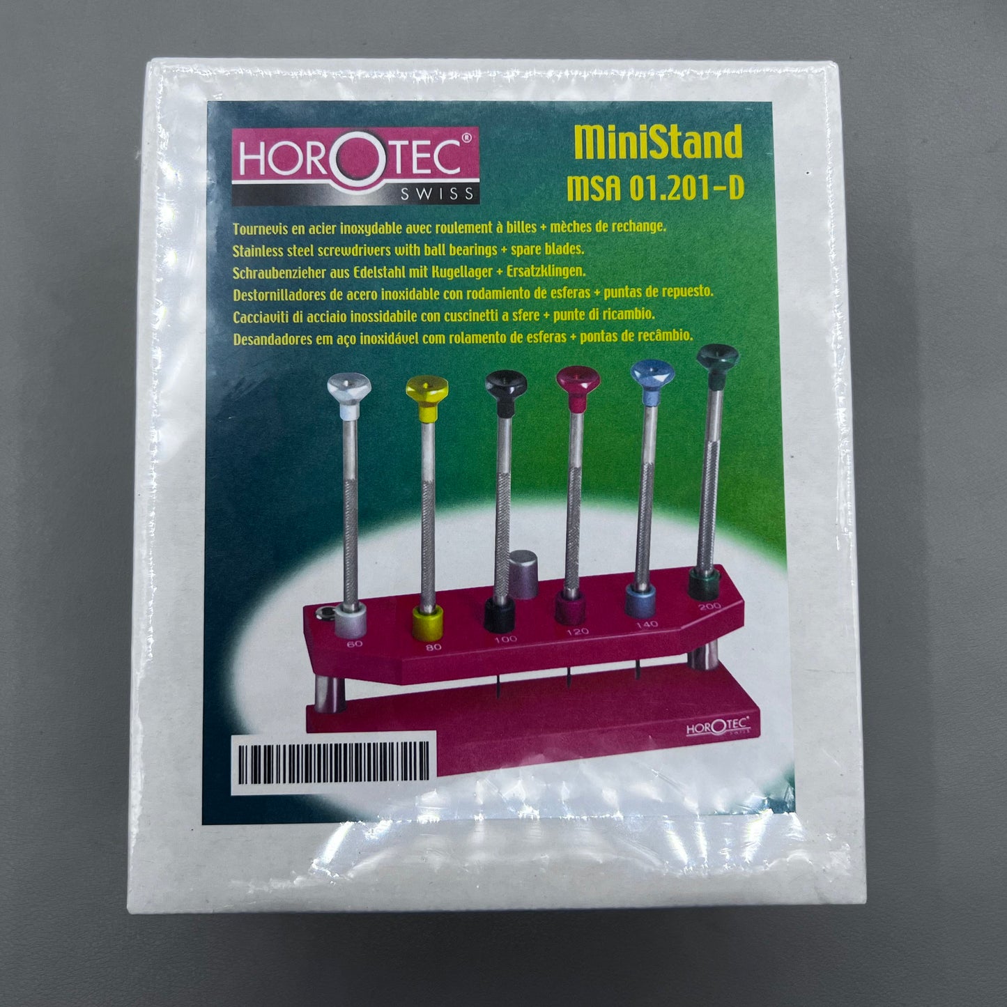 Swiss Horotec MSA01.201D set of 6 precision screwdrivers with sturdy aluminum stand for watch repairs