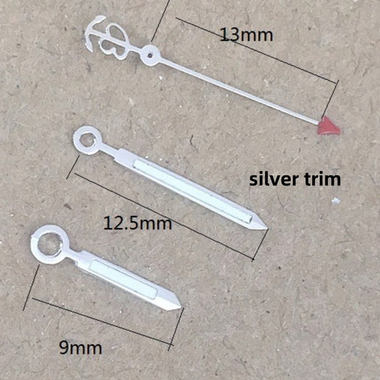 13 mm Uhrzeiger mit silbernem Rand und grüner Leuchtmasse für das automatische mechanische Uhrwerk Seagull ST6
