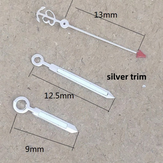 13 mm Uhrzeiger mit silbernem Rand und grüner Leuchtmasse für das automatische mechanische Uhrwerk Seagull ST6