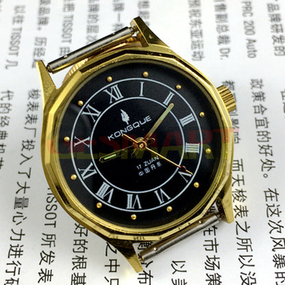 33mm Dandong manual mechanical watch with 17 jewels, black dial, golden nail markers, and three hands.