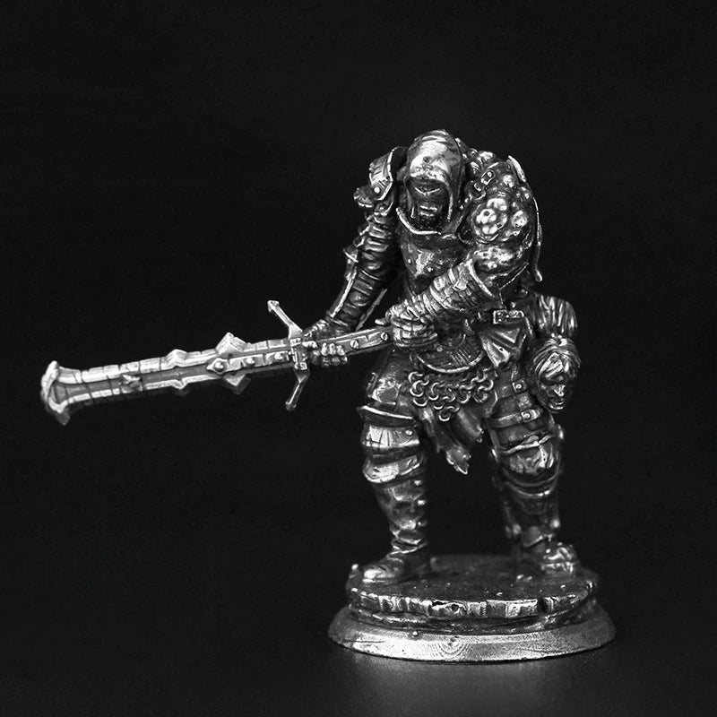 White Brass Figurine Black Knight Miniature - Hooded Greathelm Greatsword Figure