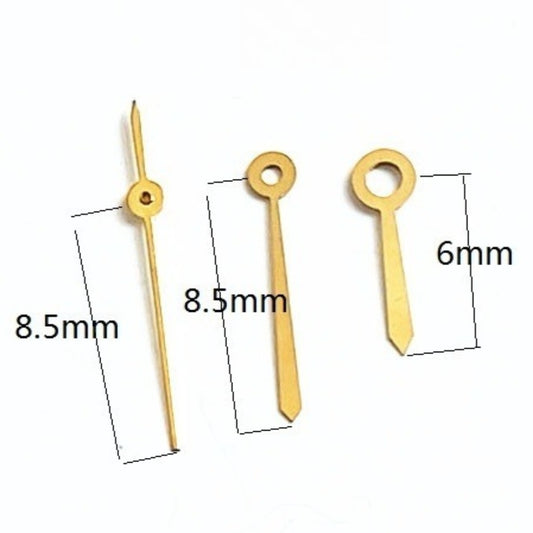 8.5mm golden watch hands for Ronda 785 movement, precise accessory for luxury watch repairs.
