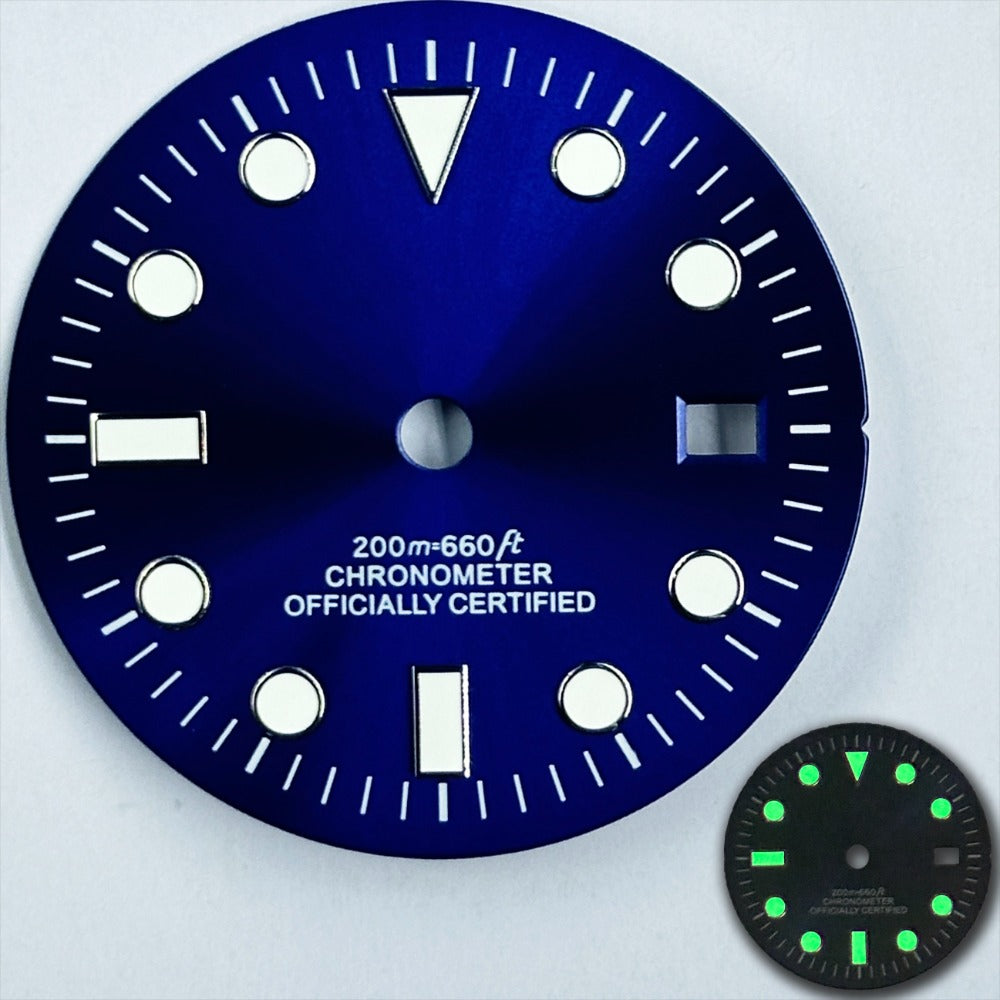 32mm blue GMT diving watch dial with green luminous markers for NH34 movement, precise timekeeping.