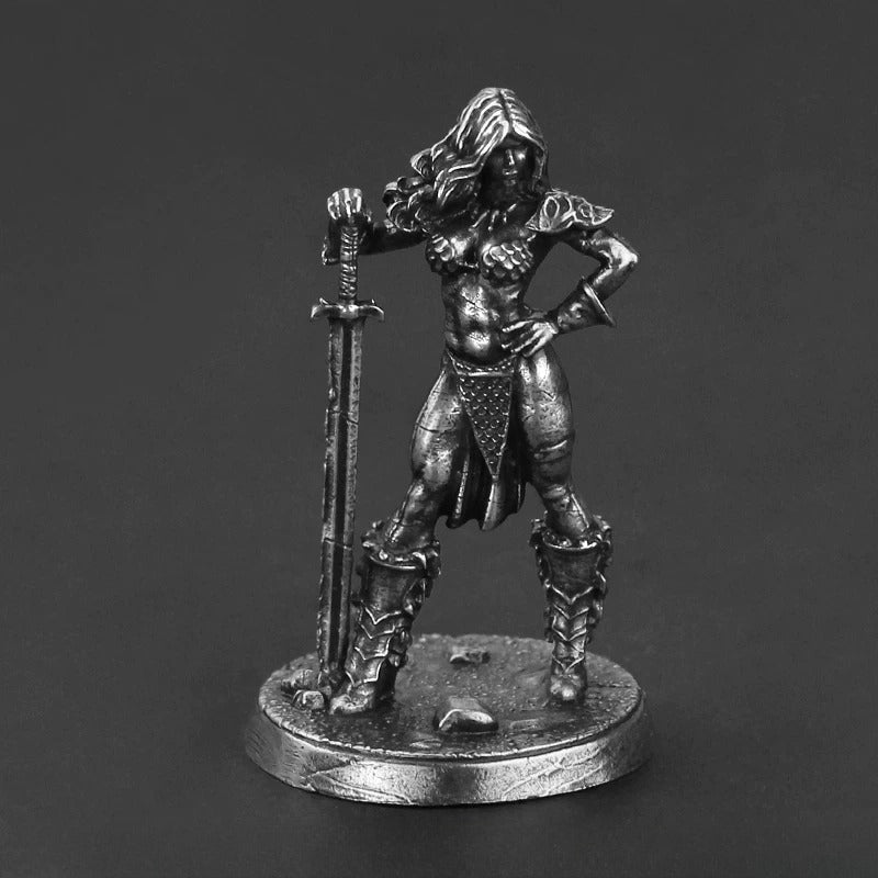 White Brass Figurine Erika Female Warrior Miniature - Long-Haired Swordswoman Collectible Figure
