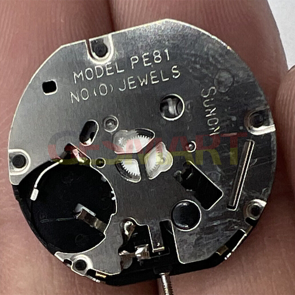 Sunon PE81 quartz watch movement with 3 hands, date at 3, small seconds at 6 and 9 positions.