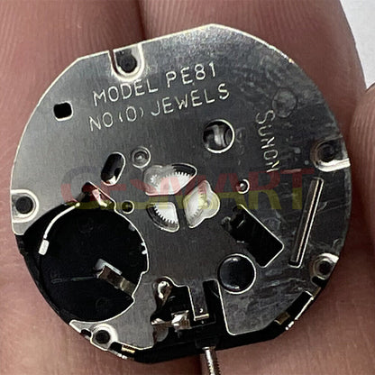 Sunon PE81 quartz watch movement with 3 hands, date at 3, small seconds at 6 and 9 positions.