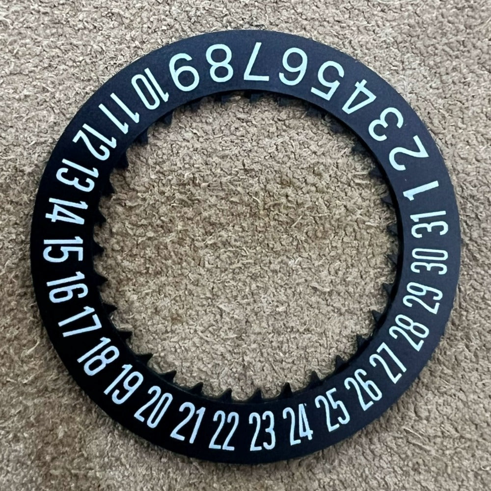 Black date disk wheel with clear numerals, fits NH34 NH35 movement, date display at 6 o'clock, precision watch part.