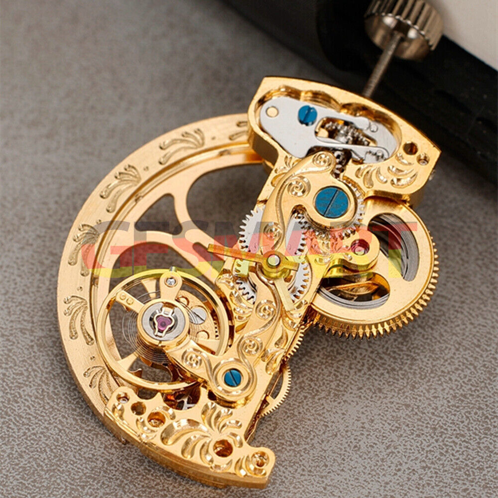Golden rectangle bare balance wheel automatic watch movement by Asian LG0806B, precise mechanical design for enthusiasts