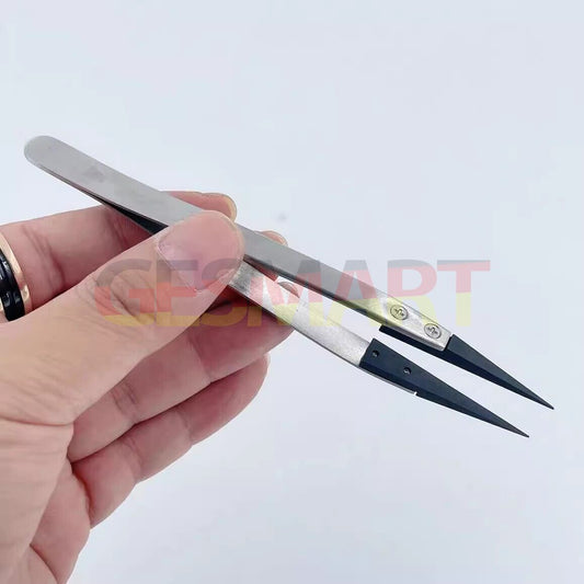 China made stainless steel tweezers with carbon fiber head for precise watch repair and adjustment tasks.