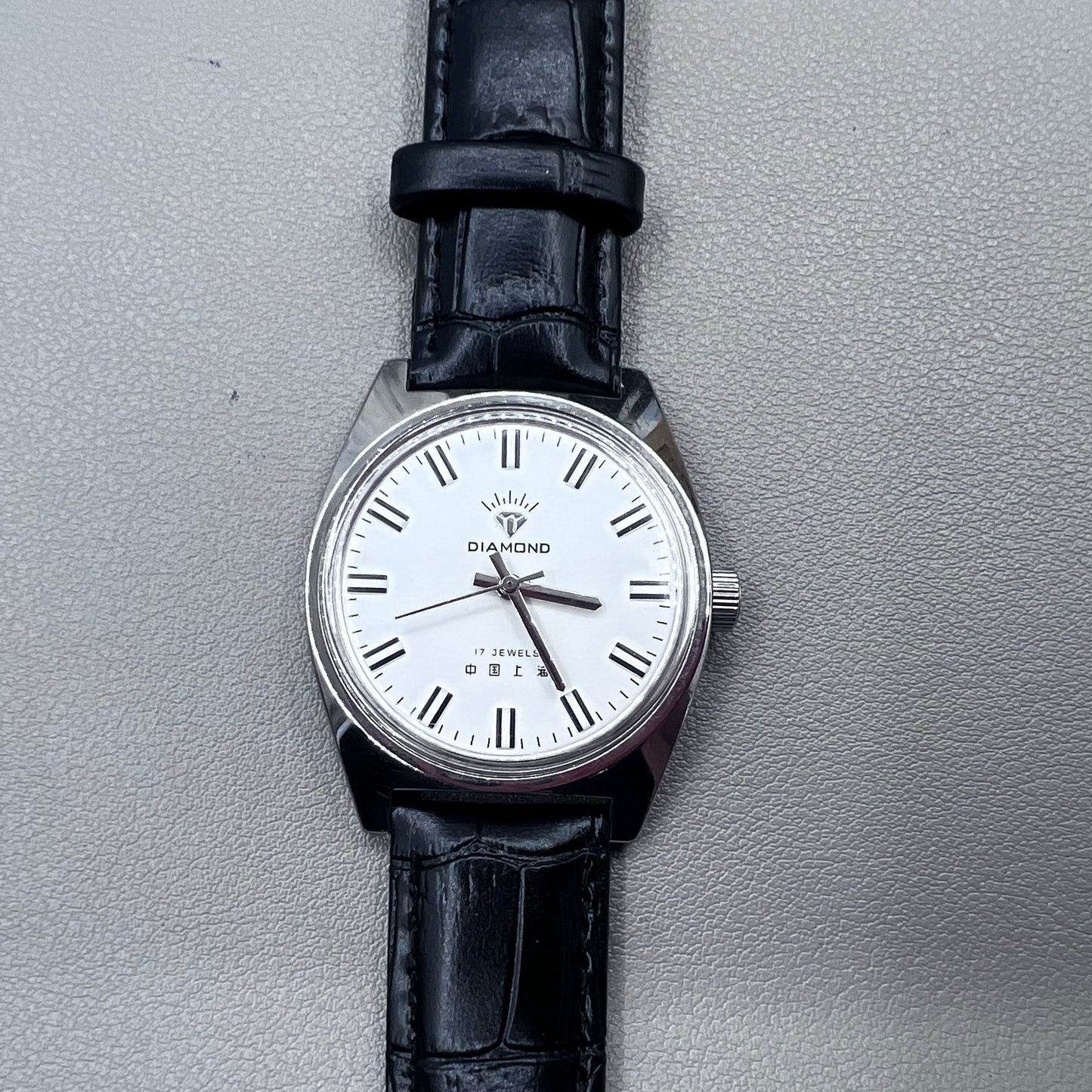 38mm DIAMOND Black Strap Manual Mechanical Watch 17 Jews White Dial Silver Case