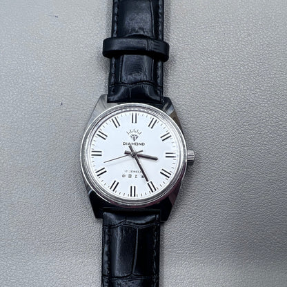 38mm DIAMOND Black Strap Manual Mechanical Watch 17 Jews White Dial Silver Case