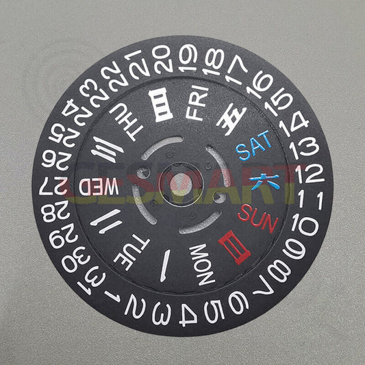 Black Chinese/English date and week disk wheel for NH36 movement, precise watch accessory replacement.