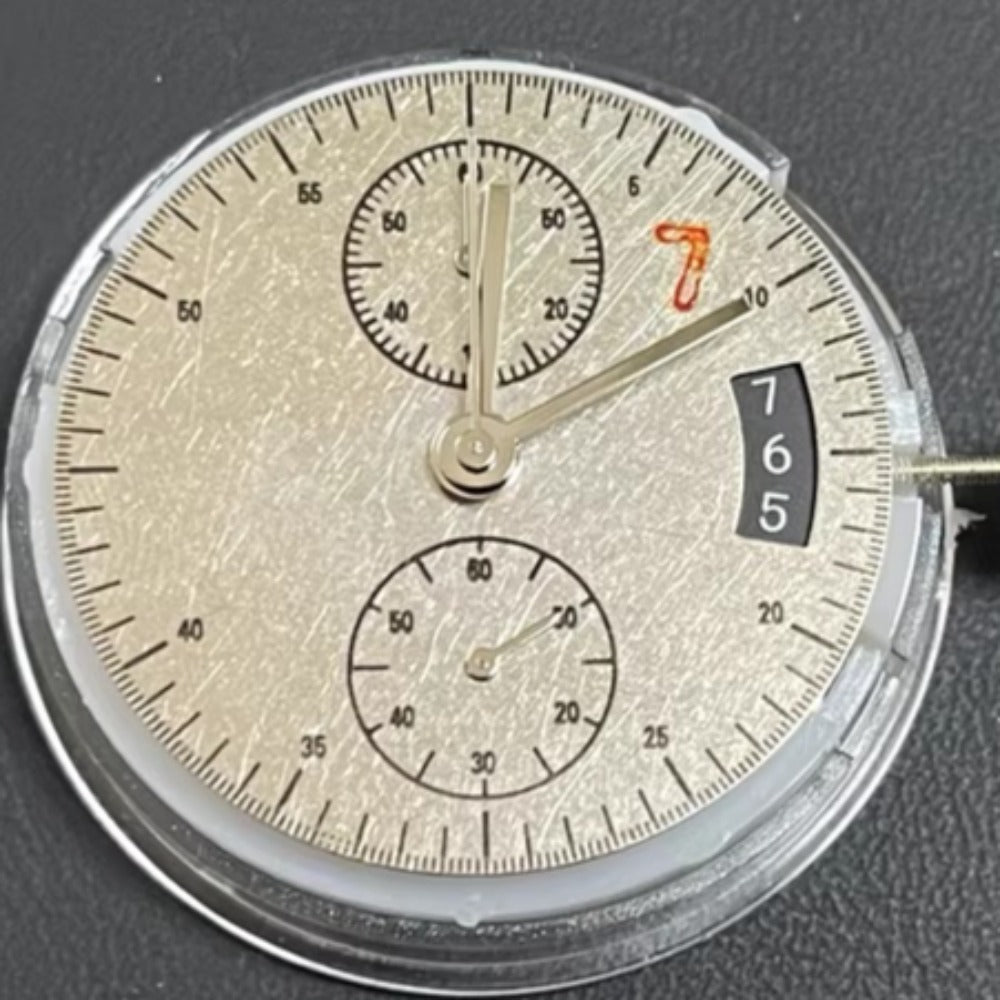 Asian 7750 automatic chronograph movement with day-date at 3 o'clock, precision ETA 7750 style.