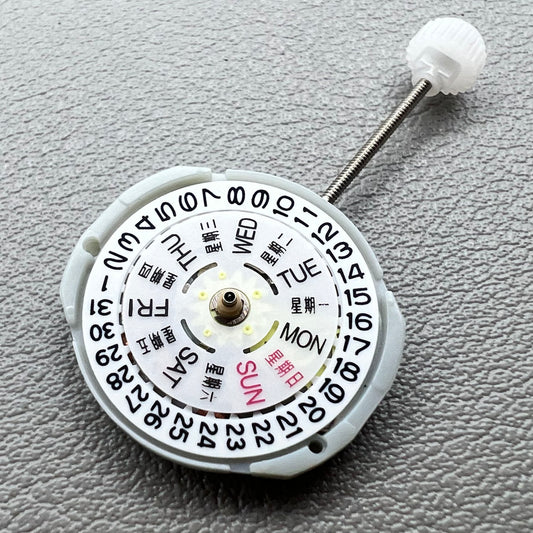 1. Sunon PE25 quartz watch movement featuring 3 hands and day-date display for precise timekeeping.  
