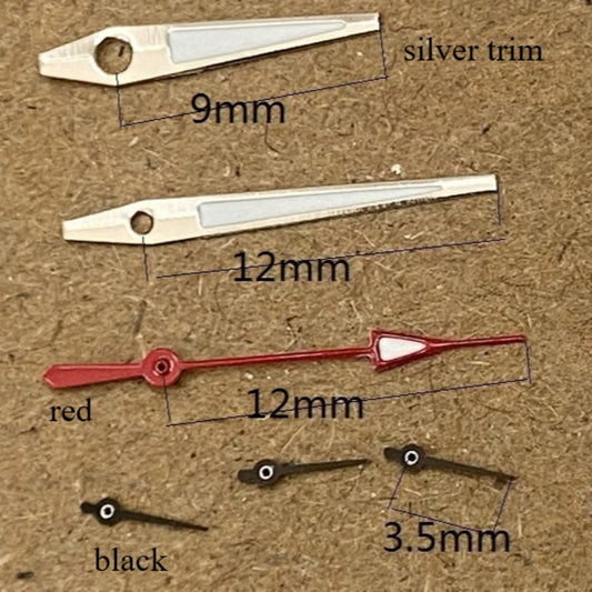 12mm silver, red, and black watch hands with green lume for Miyota OS10, OS20, OS30 movements.