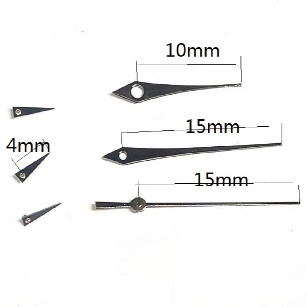 15mm black painted long arrow watch hands set with six hands for Miyota JS15 quartz movement.