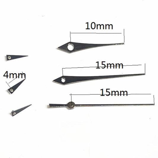 15mm black painted long arrow watch hands set with six hands for Miyota JS15 quartz movement.