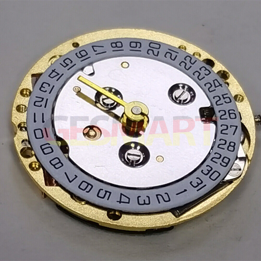 Golden ISA 222 quartz watch movement with 2 hands and calendar, ideal for ladies' watch repairs.