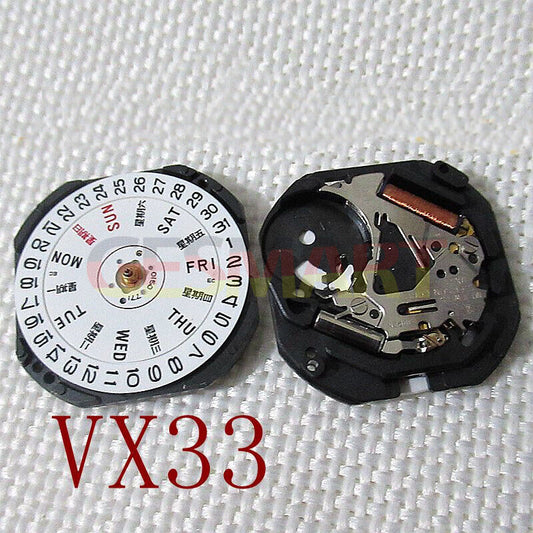 Japan-made Hattori Epson VX33 quartz watch movement with stem, precise timekeeping for repairs and upgrades