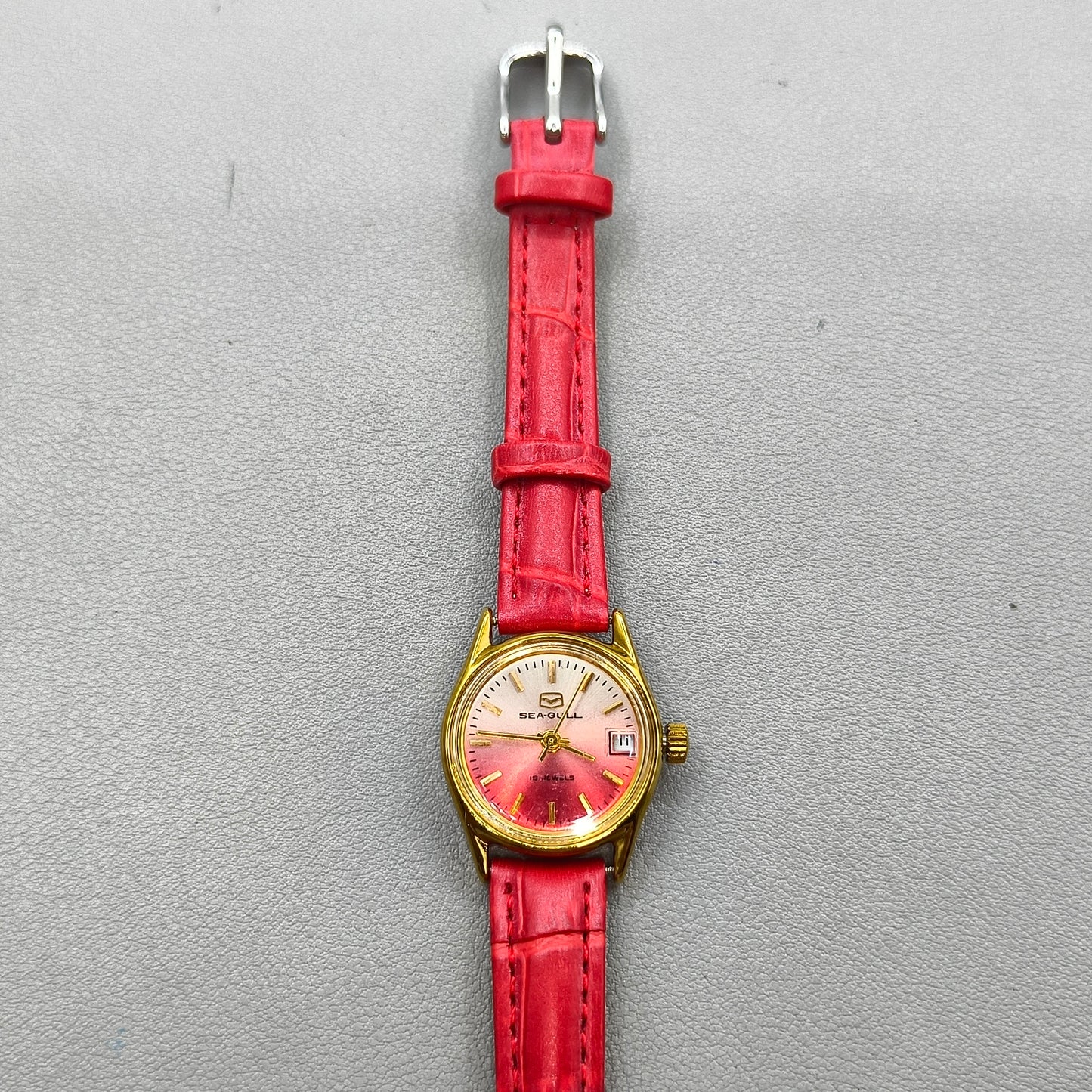 Seagull Manual Mechanical Red Srap Lady Watch Gradient Golden Nail Single Calendar
