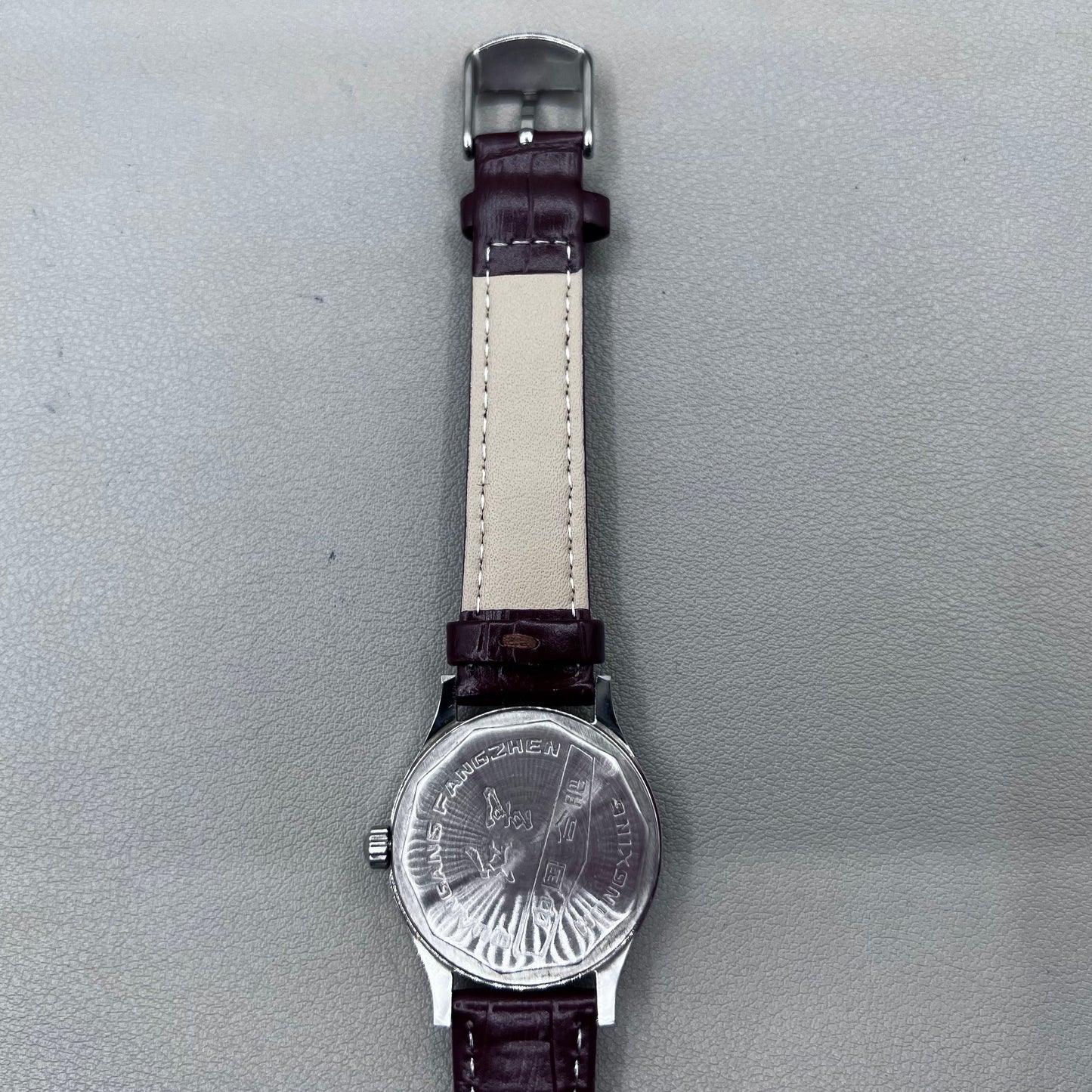 33mm Dark Brown Strap Manual Mechanical Watch Golden Nail Silver Dial Round Golden Case