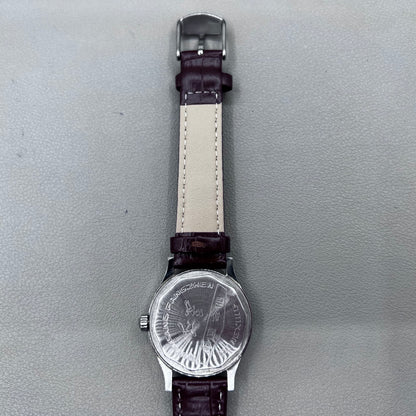 33mm Dark Brown Strap Manual Mechanical Watch Golden Nail Silver Dial Round Golden Case