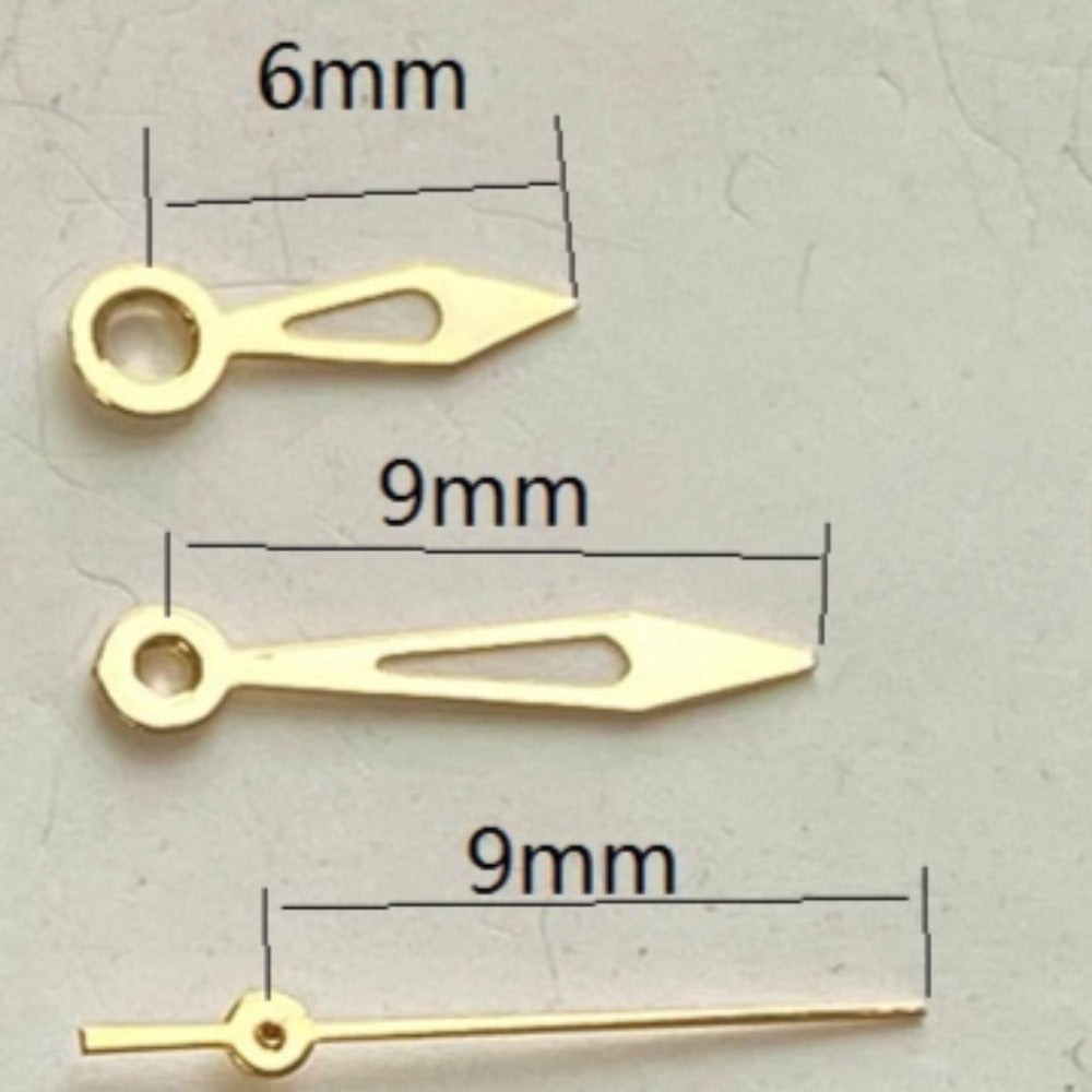 Golden trim arrow-shaped lume watch hands, 9x9x6mm, compatible with Miyota 2035 quartz movements, enhancing time readability.