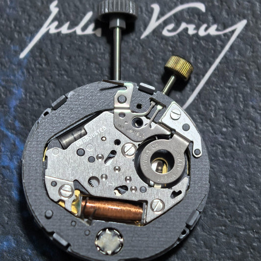 Miyota 6L76 quartz watch movement with 2-stem, 3-hand repeat alarm, and calendar date at 3 o'clock.
