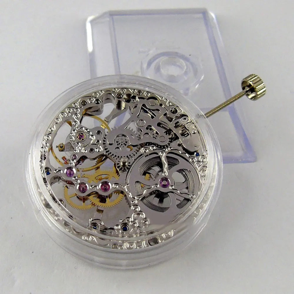 Parnis 17 Jewels silver full skeleton 6497 hand winding watch movement for repairs