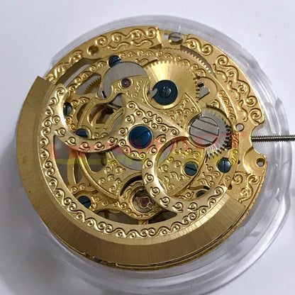 China Made hollow carved watch with automatic mechanical movement, 3 hands, bare balance at 12 o'clock.