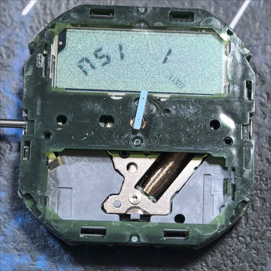 Japan Made Miyota T250 quartz watch part showing 3 hands and display screen for precise timekeeping.